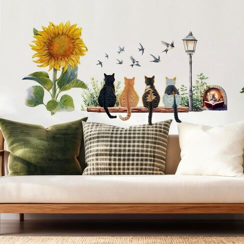 Cute Cat Sunflower Wall Decals Peel and Stick Animal Wall Stickers for Kids Bedroom Nursery Living Room Removable Wall Decor in Saudi Arabia