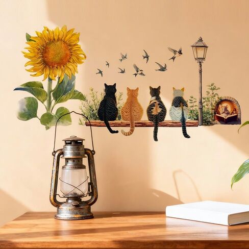 Cute Cat Sunflower Wall Decals Peel and Stick Animal Wall Stickers for Kids Bedroom Nursery Living Room Removable Wall Decor in Saudi Arabia
