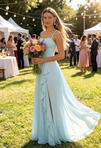 Bridesmaid Dresses for Wedding Spaghetti Straps Ruffle Chiffon Formal Dress with Slit in Kuwait