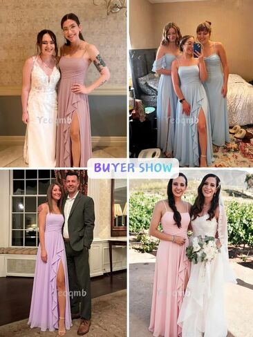 Bridesmaid Dresses for Wedding Spaghetti Straps Ruffle Chiffon Formal Dress with Slit in Kuwait