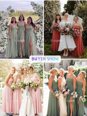 Bridesmaid Dresses for Wedding Spaghetti Straps Ruffle Chiffon Formal Dress with Slit in Kuwait