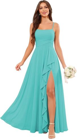 Bridesmaid Dresses for Wedding Spaghetti Straps Ruffle Chiffon Formal Dress with Slit in Kuwait