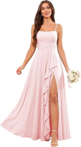 Bridesmaid Dresses for Wedding Spaghetti Straps Ruffle Chiffon Formal Dress with Slit in Kuwait