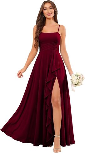 Bridesmaid Dresses for Wedding Spaghetti Straps Ruffle Chiffon Formal Dress with Slit in Kuwait