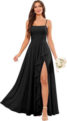Bridesmaid Dresses for Wedding Spaghetti Straps Ruffle Chiffon Formal Dress with Slit in Kuwait