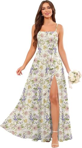 Bridesmaid Dresses for Wedding Spaghetti Straps Ruffle Chiffon Formal Dress with Slit in Kuwait
