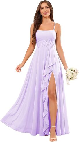 Bridesmaid Dresses for Wedding Spaghetti Straps Ruffle Chiffon Formal Dress with Slit in Kuwait
