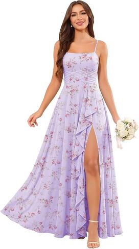 Bridesmaid Dresses for Wedding Spaghetti Straps Ruffle Chiffon Formal Dress with Slit in Kuwait
