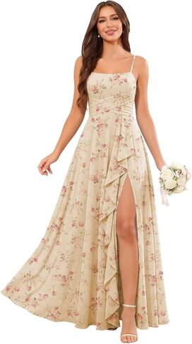 Bridesmaid Dresses for Wedding Spaghetti Straps Ruffle Chiffon Formal Dress with Slit in Kuwait