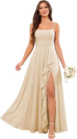 Bridesmaid Dresses for Wedding Spaghetti Straps Ruffle Chiffon Formal Dress with Slit in Kuwait