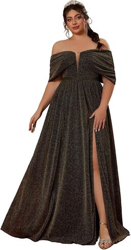 Women's Plus Size Sparkly Off The Shoulder Deep V Neck High Slit Glitter Prom Wedding Formal Maxi Dress Prom Wedding in Saudi Arabia
