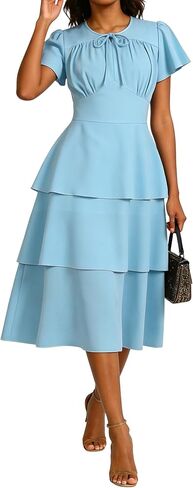 LAJIOJIO Women's Flowy Wedding Guest Dress Short Sleeve Smocked Ruffle A-Line Dresses in Saudi Arabia