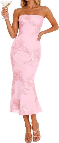 Women's Strapless Floral Summer Midi Dress Formal Dresses in Saudi Arabia