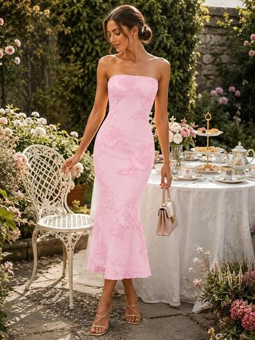 Women's Strapless Floral Summer Midi Dress Formal Dresses in Saudi Arabia