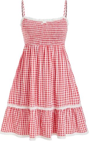 فستان CIDER Gingham Smocked للنساء منقوش بالدانتيل بطبقات متوسطة الطول فساتين صيفية غير رسمية in Kuwait