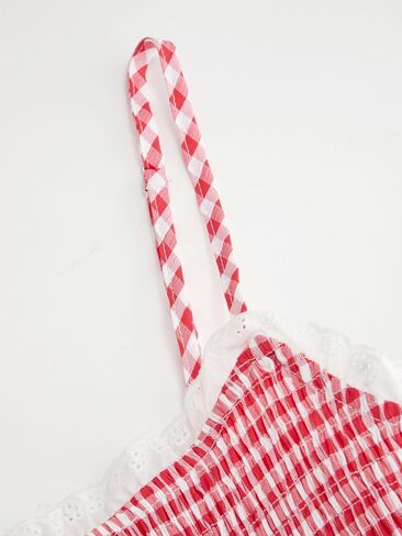 فستان CIDER Gingham Smocked للنساء منقوش بالدانتيل بطبقات متوسطة الطول فساتين صيفية غير رسمية in Kuwait