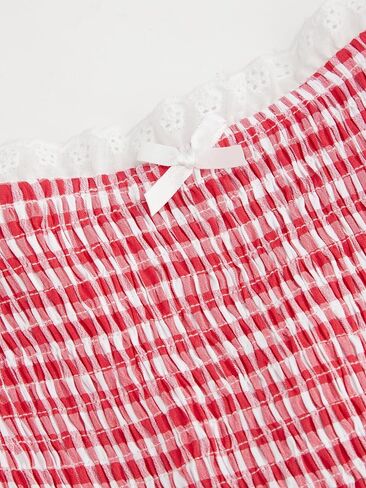 فستان CIDER Gingham Smocked للنساء منقوش بالدانتيل بطبقات متوسطة الطول فساتين صيفية غير رسمية in Kuwait