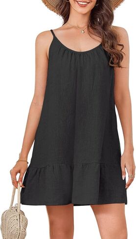100% Linen Ruffle Dress Scoop Neck Sleeveless Spaghetti Strap Backless Flowy Summer Casual Beach Short Cami Dresses in Saudi Arabia
