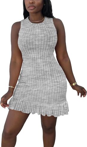 STOLKISS Women Summer Tank Dresses Sleeveless Crew Neck Basic Bodycon Mini Dress Casual Ribbed Knit with Ruffle Hem Sexy 2026 in Kuwait