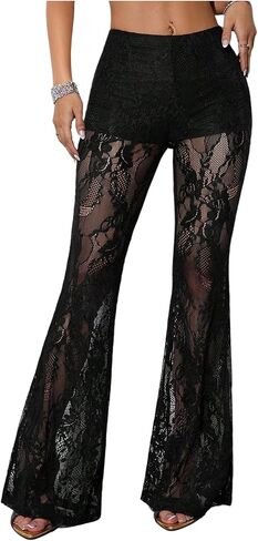 GORGLITTER Women's Lace Sexy Pants Sheer Mesh Y2k Flare Leggings Goth Elastic Low Waisted Long Going Out Trousers in Kuwait