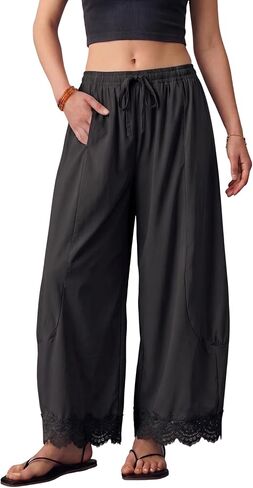 Women's Summer Boho Wide Leg Palazzo Pants, Lace-Hem, Black,M in Saudi Arabia