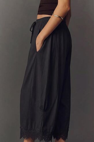 Women's Summer Boho Wide Leg Palazzo Pants, Lace-Hem, Black,M in Saudi Arabia