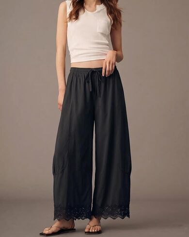 Women's Summer Boho Wide Leg Palazzo Pants, Lace-Hem, Black,M in Saudi Arabia