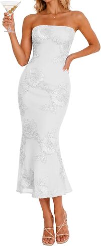 Women's Strapless Floral Summer Midi Dress Formal Dresses in Saudi Arabia