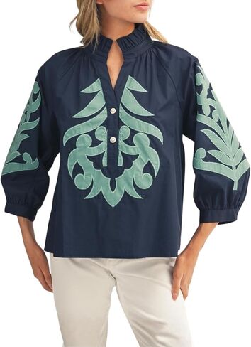 Womens Baroque Applique Blouses Ruffled V-Neck 3/4 Puff Sleeves Top Floral Embroidered Button Down Shirt in Saudi Arabia