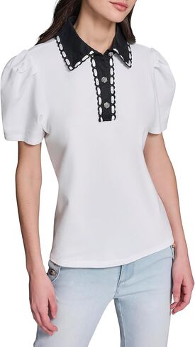 Karl Lagerfeld Women's Threaded Lace Rosette Buttons Blouse in Kuwait