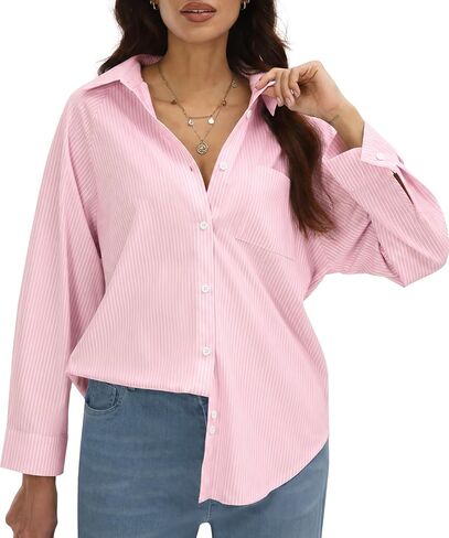 Womens Striped Button Down Shirt Long Sleeve Relaxed Fit Wrinkle Resistant Soft Business Casual Blouse for Work Vacation in Saudi Arabia