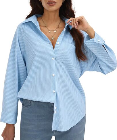 Womens Striped Button Down Shirt Long Sleeve Relaxed Fit Wrinkle Resistant Soft Business Casual Blouse for Work Vacation in Saudi Arabia