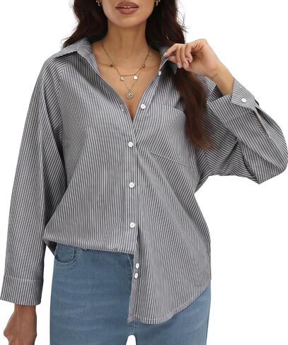 Womens Striped Button Down Shirt Long Sleeve Relaxed Fit Wrinkle Resistant Soft Business Casual Blouse for Work Vacation in Saudi Arabia
