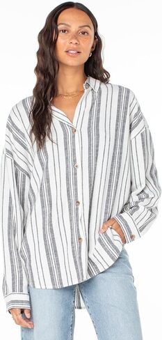 Roxy Women's Morning Time Button Up, Long Sleeve Flowy Breathable Dress Shirt Business Casual Collar Beach Shirt 100% Cotton in Kuwait