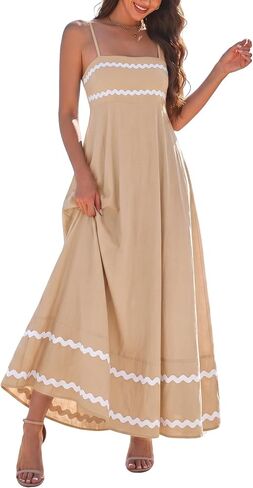 Women's Spaghetti Strap Maxi Dresses Summer Casual Sleeveless Sundress A Line Ruffle Beach Long Dress with Pockets in Kuwait
