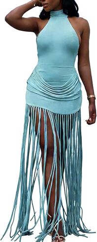 Women Halter Fringe Tassels Long Dresses Ruched Sleveless Elegant Sexy Formal Evening Party Club Maxi Dress in Kuwait