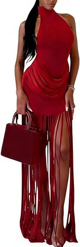 Women Halter Fringe Tassels Long Dresses Ruched Sleveless Elegant Sexy Formal Evening Party Club Maxi Dress in Kuwait