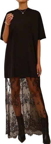 Maketina Mesh Floral Patchwork Dresses for Women Sexy Crewneck Short Sleeve T Shirt Oversized Maxi Dress in Saudi Arabia