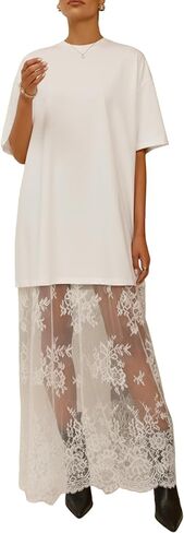 Maketina Mesh Floral Patchwork Dresses for Women Sexy Crewneck Short Sleeve T Shirt Oversized Maxi Dress in Saudi Arabia
