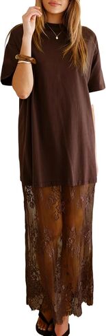 Maketina Mesh Floral Patchwork Dresses for Women Sexy Crewneck Short Sleeve T Shirt Oversized Maxi Dress in Saudi Arabia