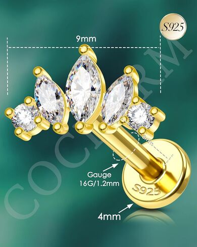 COCHARM 14K مطلية بالذهب الغضروف أقراط 16G 925 فضة اللولب أقراط داخليا القلب شقة عودة ثقب المجوهرات in Kuwait