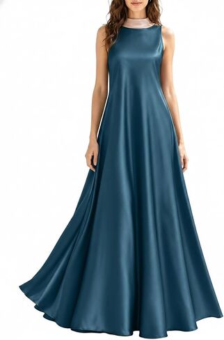 SUNSTORY Women's Maxi Satin Dress: 2026 Sleeveless Mock Neck A-Line Ruffle Flare Swing Flowy Long Italian Summer Tie Dresses in Saudi Arabia