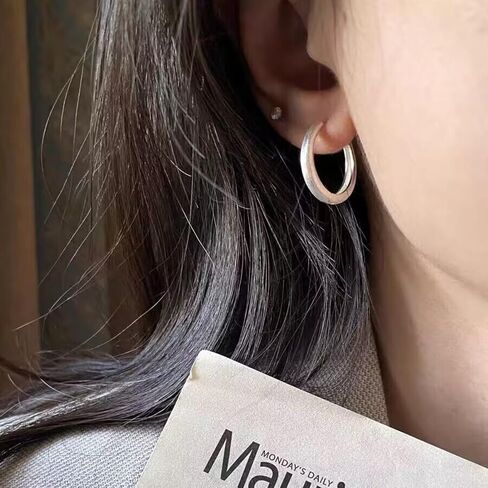 S925 Sterling Silver Huggie Earrings for Women - Minimalist Textured Matte Finish Silver Hoop Earrings, Hypoallergenic Large Circle Studs Jewelry Gift (1 Pair) in Kuwait