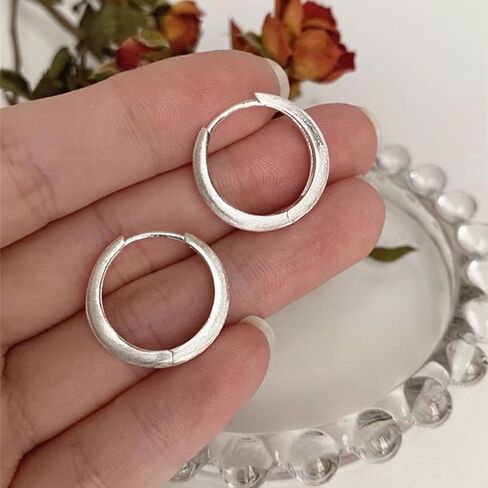 S925 Sterling Silver Huggie Earrings for Women - Minimalist Textured Matte Finish Silver Hoop Earrings, Hypoallergenic Large Circle Studs Jewelry Gift (1 Pair) in Kuwait