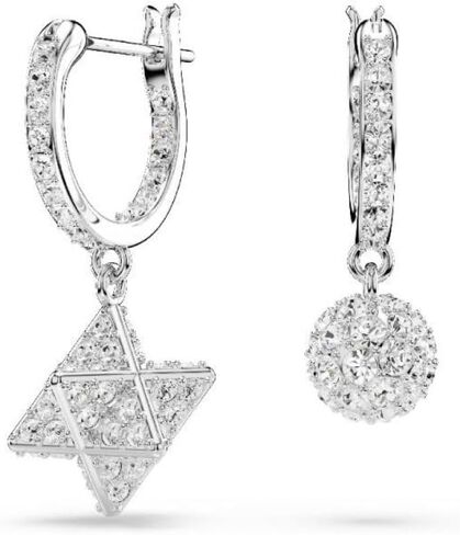 Swarovski Dextera Rhodium Plated Round Cut Star and Sphere Asymmetrical Design Drop Earrings, White, 2.6 cm x 0.9 cm, Crystal, Crystals, 2.6 cm x 0.9 cm, Crystal, Crystals in Kuwait