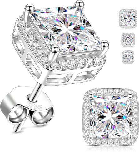 Moissanite Halo Earrings Square, 925 Sterling Silver, D Color VVS1 Princess Cut, 4.5-6.5mm 1.12-3.26 CT, Hypoallergenic Dainty Earrings for Women Men, Birthday Anniversary Valentine Christmas Gift in Saudi Arabia