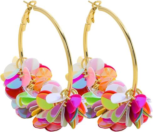 Colorful Fun Sequin Hoop Earrings for Women, Boho Sparkly Dangle Earring, Lightweight Statement Earrings for Summer Beach Party in Saudi Arabia