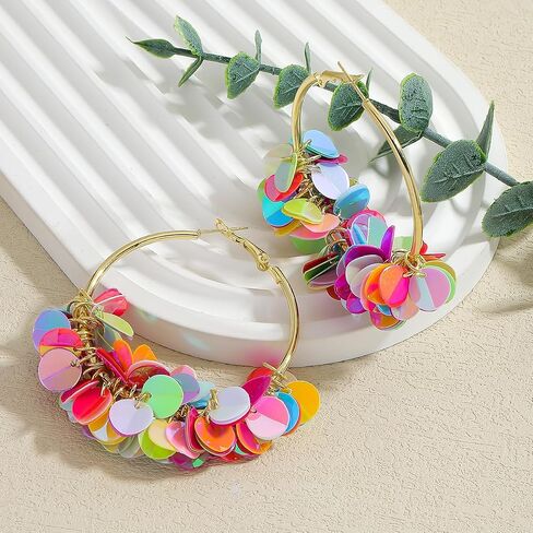 Colorful Fun Sequin Hoop Earrings for Women, Boho Sparkly Dangle Earring, Lightweight Statement Earrings for Summer Beach Party in Saudi Arabia