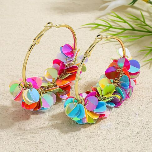 Colorful Fun Sequin Hoop Earrings for Women, Boho Sparkly Dangle Earring, Lightweight Statement Earrings for Summer Beach Party in Saudi Arabia