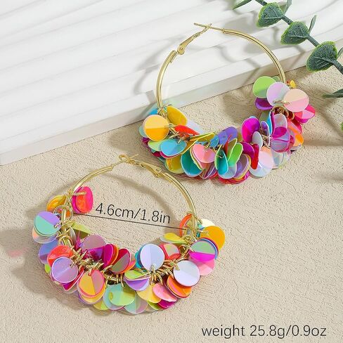Colorful Fun Sequin Hoop Earrings for Women, Boho Sparkly Dangle Earring, Lightweight Statement Earrings for Summer Beach Party in Saudi Arabia